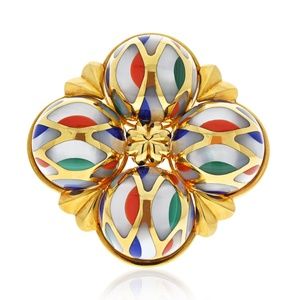 Asch Grossbradt 18K Yellow Gold Multi-Color Enamel Large Brooch